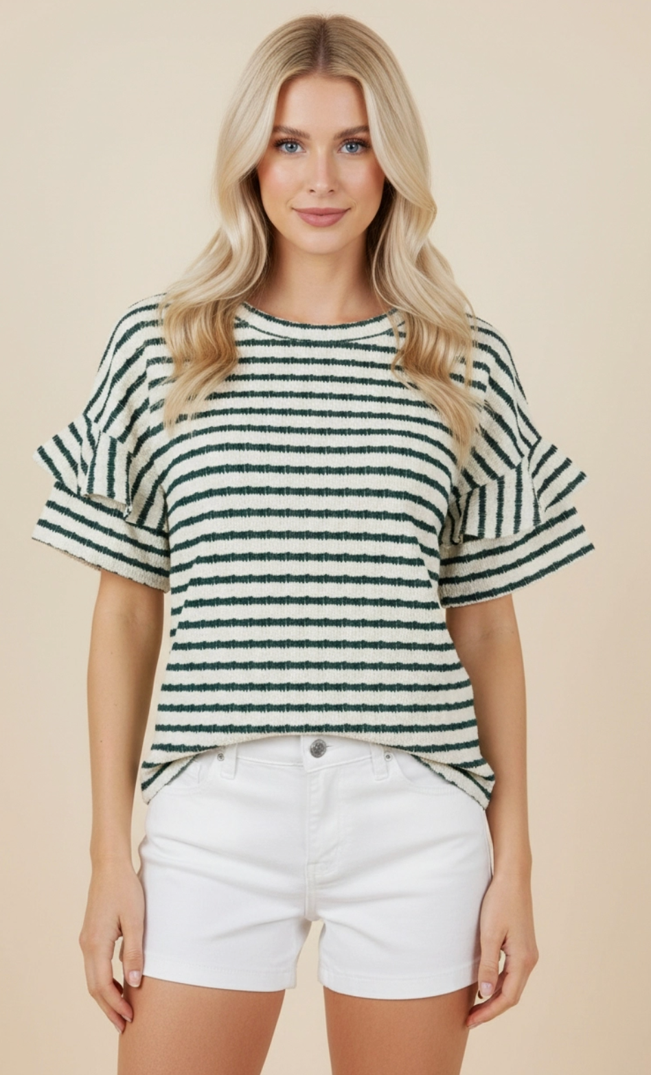 Jacquard Stripe Knit Top- Cream/hunter green