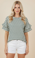 Jacquard Stripe Knit Top- Cream/hunter green