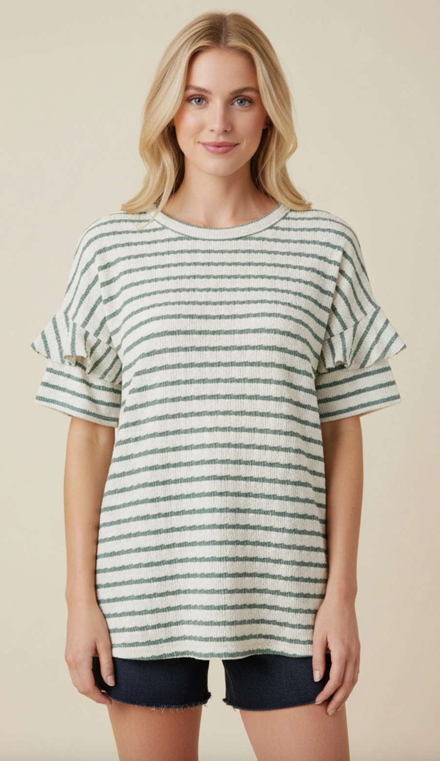 Jacquard Stripe Knit Top- Cream/hunter green
