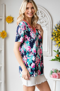 Short Sleeve V Neck Solid and Floral Print Contrast