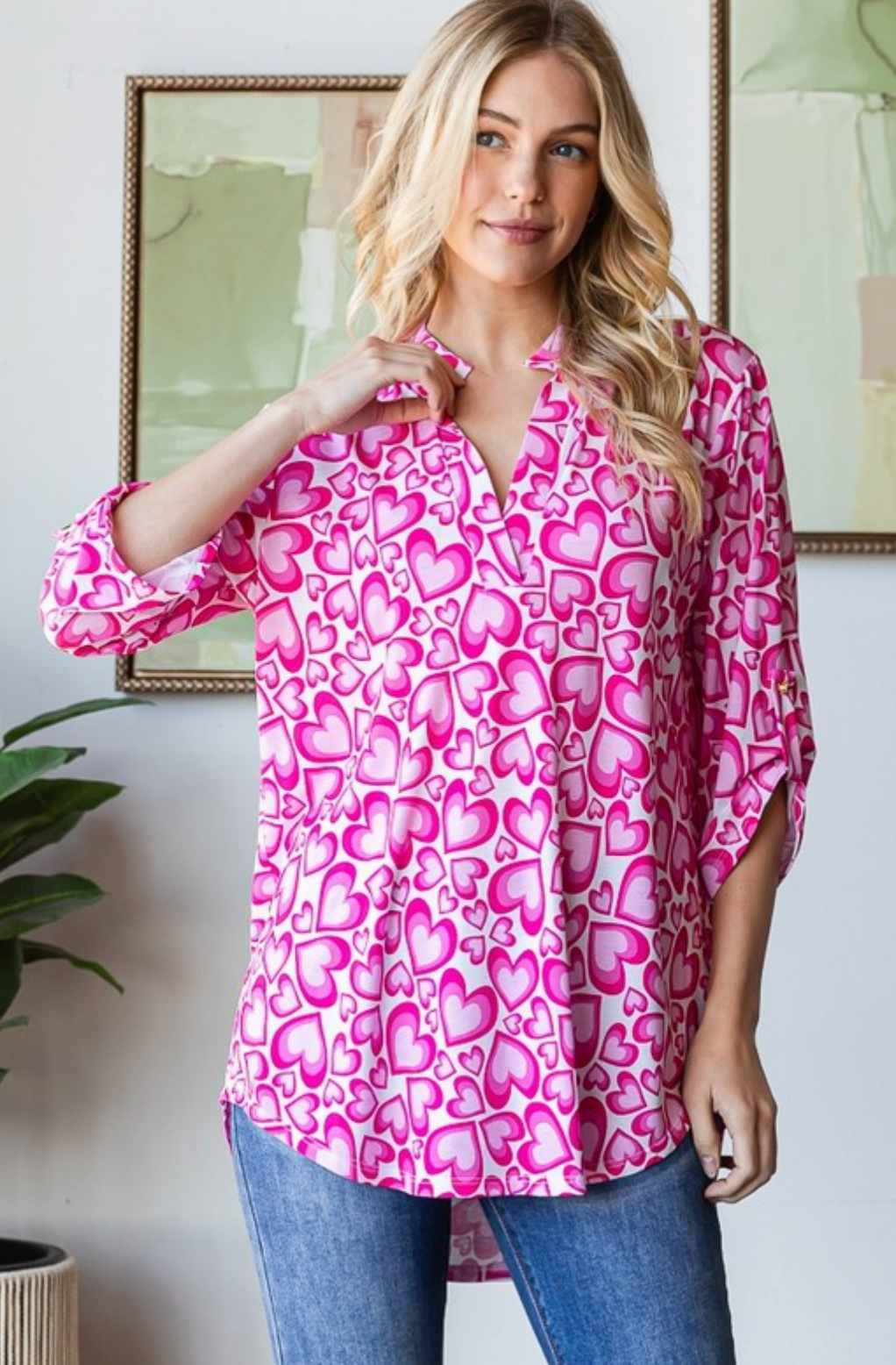 Roll Up Sleeve Mandarin Collar Valentine Top