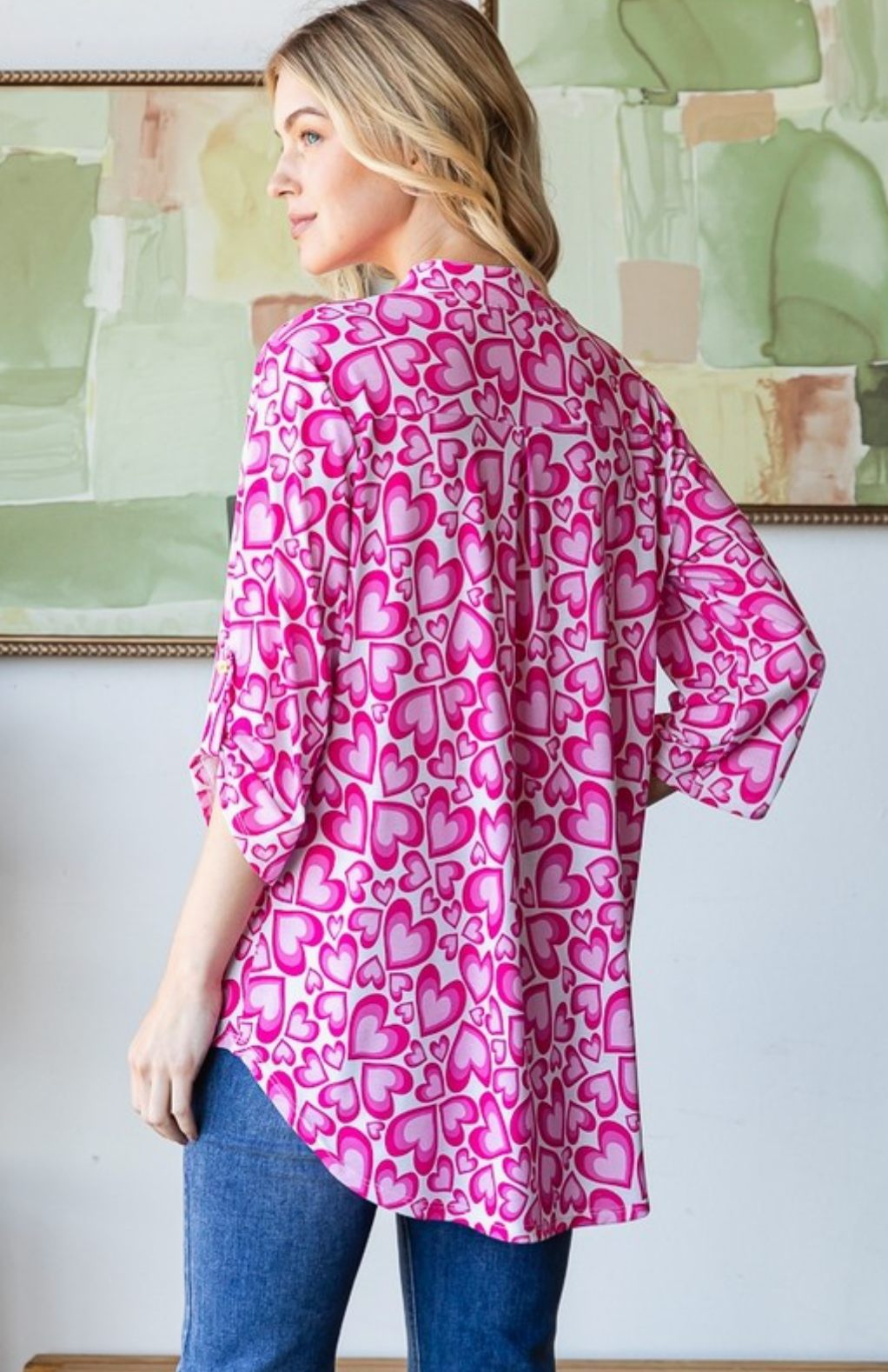 Roll Up Sleeve Mandarin Collar Valentine Top