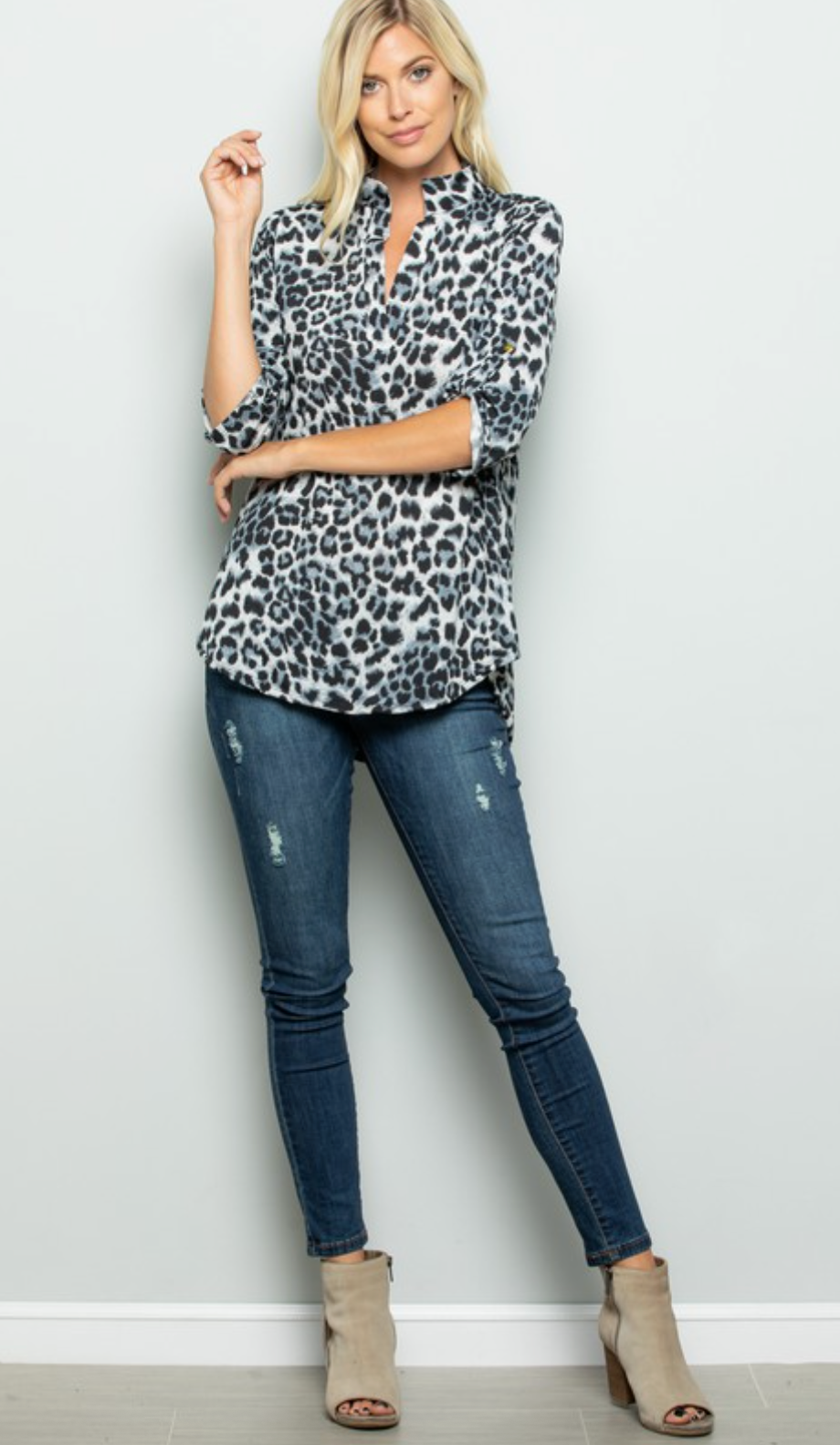 Three Quarter Sleeve Animal Print Top with Collar