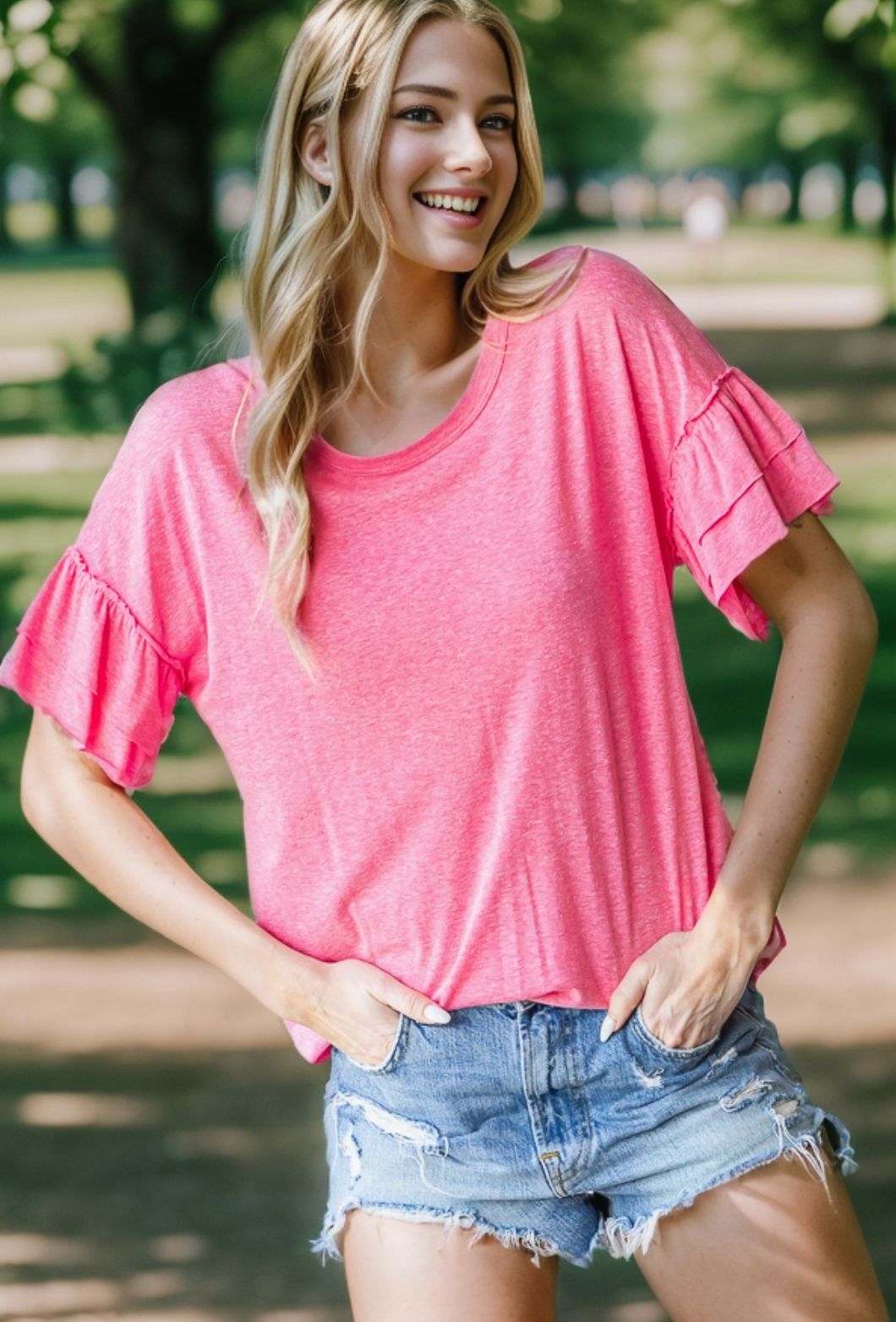 Double Ruffed Round Neck Solid Top- Hot Pink