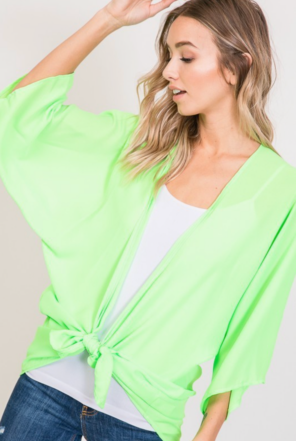 Solid Open Cardigan with Self Tie- Neon Lime