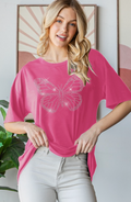 Short Sleeve Butterfly Rhinestone Top- Fuschia