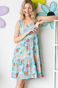 Sleeveless V Neck Floral Print Mini Tiered Dress- Mint