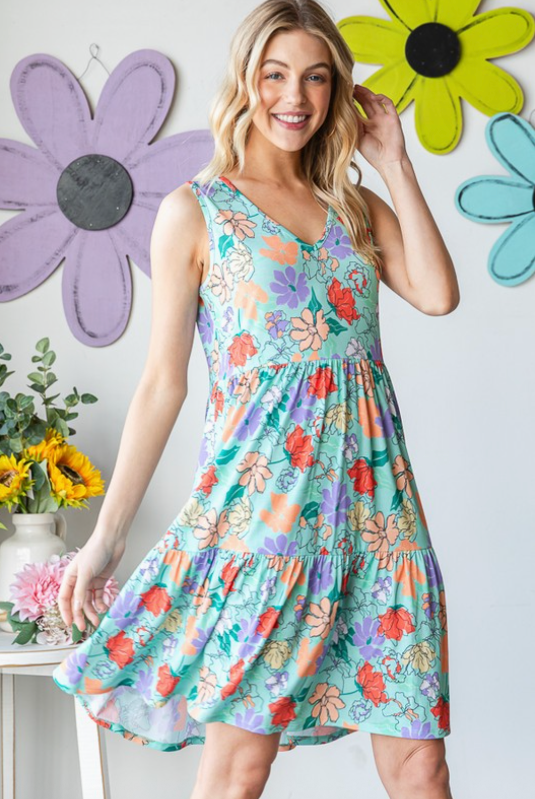 Sleeveless V Neck Floral Print Mini Tiered Dress- Mint
