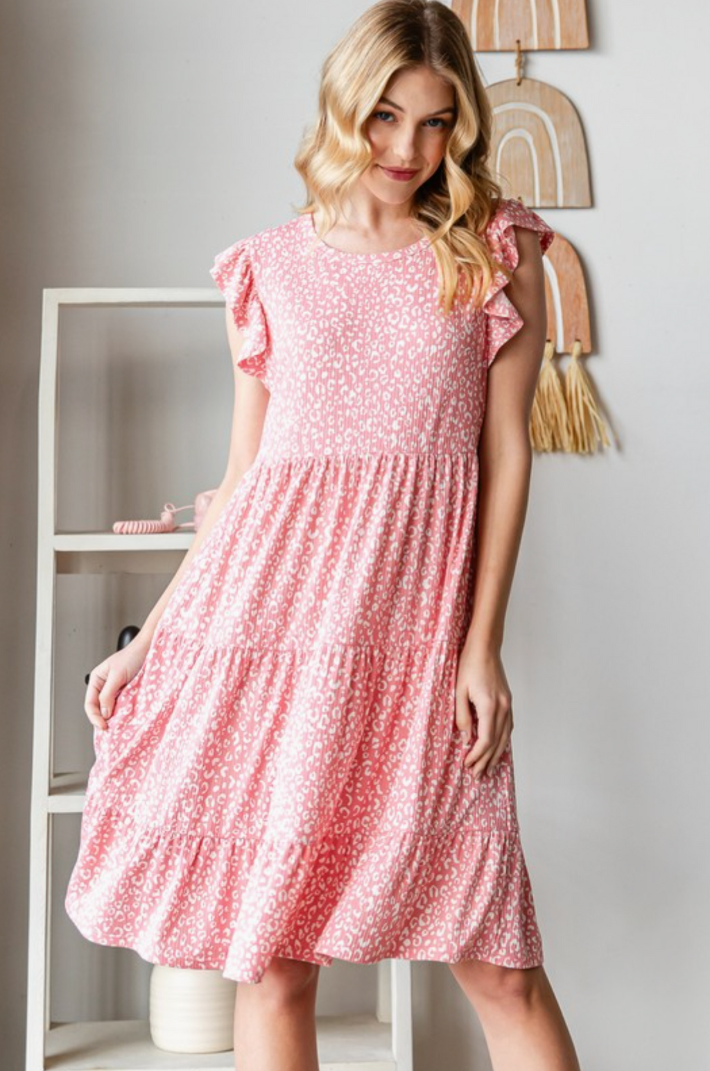 Short Sleeve Round Neck Animal Print Tiered Dress- blush/ivory